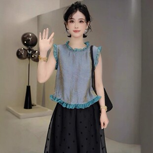 女法式 2025夏季 衬衫 减龄花边无袖 高级感气质显瘦宽松百搭上衣 新款