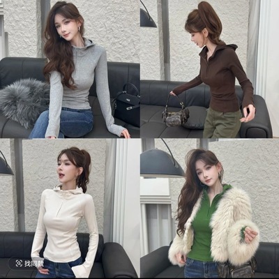 卡卡女装官方正品韩版连帽半拉链内磨毛加厚卫衣修身百搭打底衫女