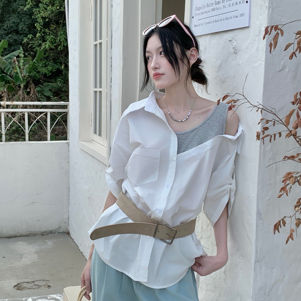 慵懒风露肩撞色拼接设计感衬衫女上衣韩系2025春季新品衬衣假两件