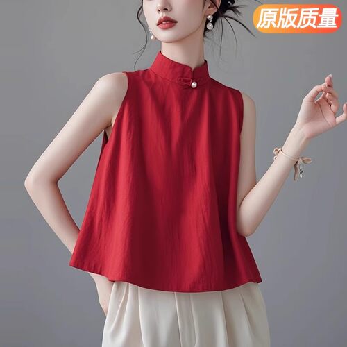 新中式坎肩无袖上衣高级感女装衬衫夏季新款红色背心外穿国风小衫