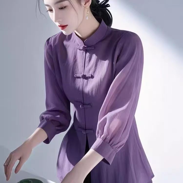2025新中式紫色衬衫春装高级感轻奢设计感法式国风盘扣上衣女外穿
