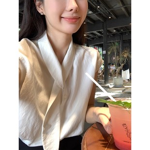 小众设计感休闲宽松显瘦衬衫 法式 新款 飘带领甜美白色上衣女夏季 装