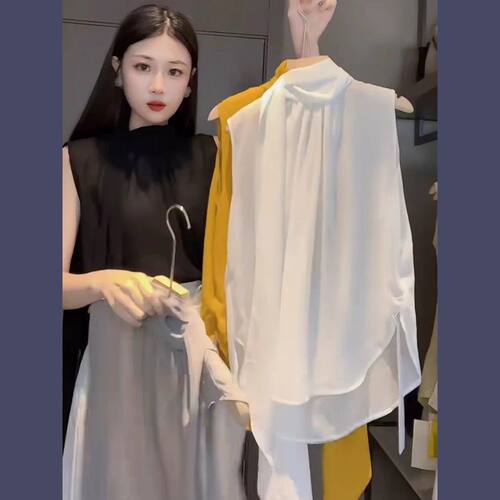 法式高级感飘带无袖雪纺衬衣女2025夏季新款小众独特别致通勤上衣