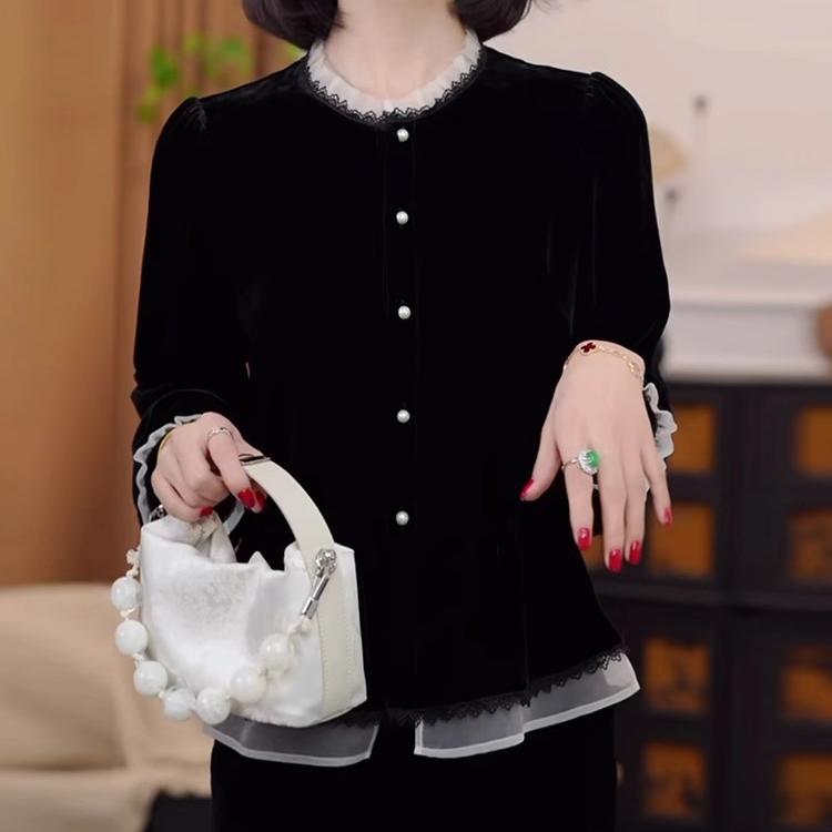 法式荷叶边衬衫女士秋季新款时尚气质休闲显瘦设计感黑色丝绒上衣