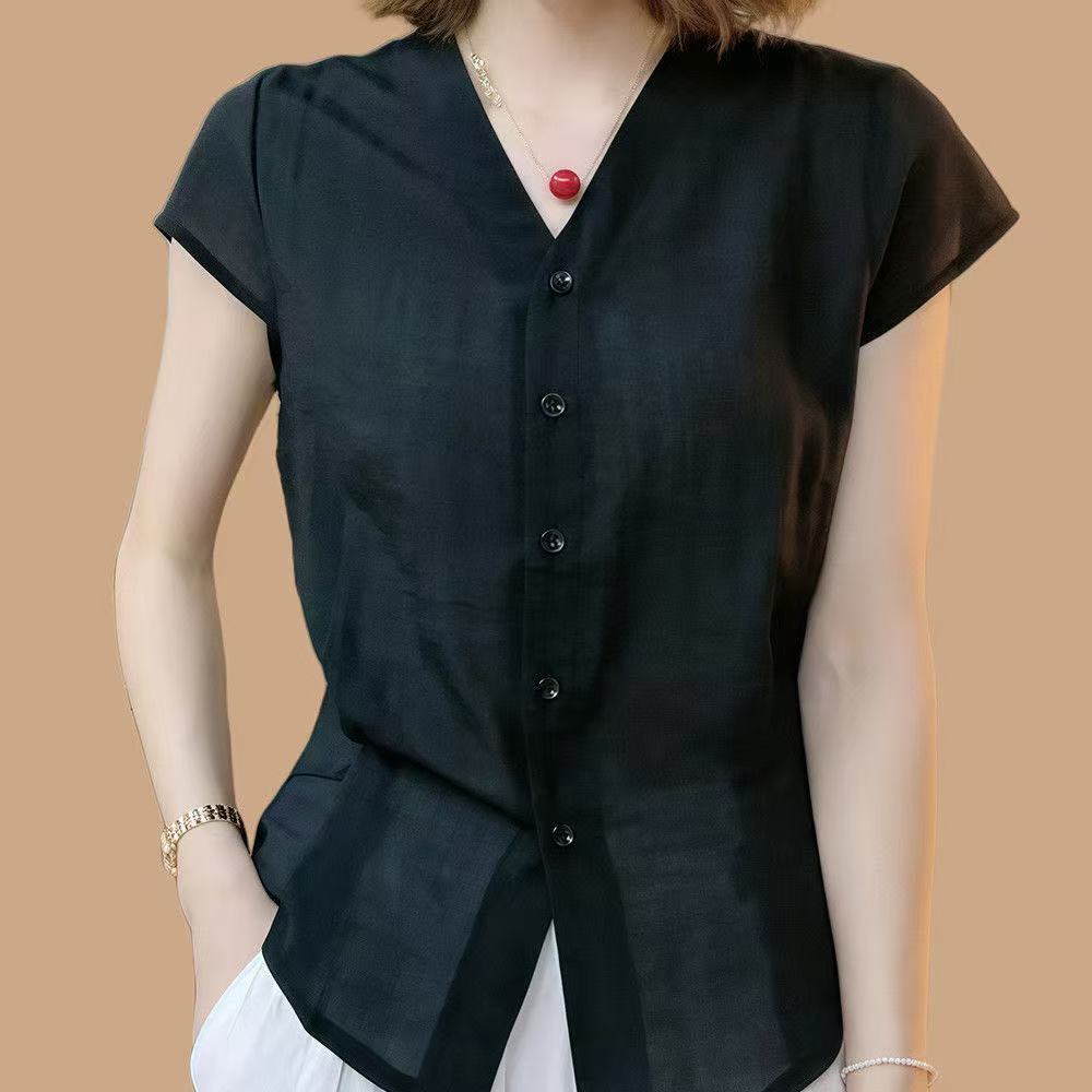 洋气V领纯色单排扣薄款短袖小衫女2025夏季新款妈妈百搭显瘦上衣