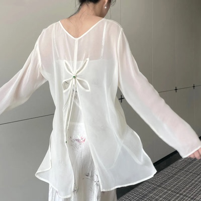 白色不规则后背开叉天丝防晒罩衫女夏季薄款外搭空调衫设计感上衣