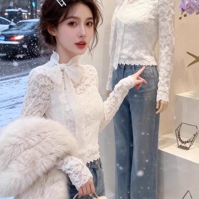 白色立领系带蝴蝶结蕾丝加绒内搭打底衫女秋冬设计感修身长袖上衣