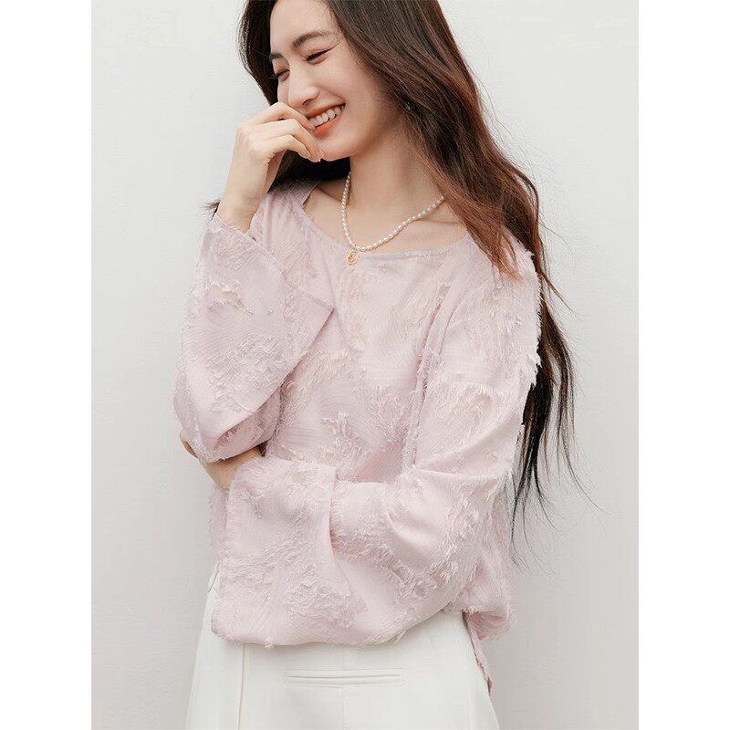 2025春秋新款多巴胺雪纺衫通勤气质洋气宽松套头长袖一字领上衣