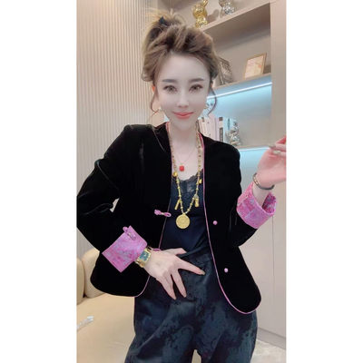 2025秋季新款丝绒提花双面双穿外套R气质国风妈妈装百搭宽松上衣