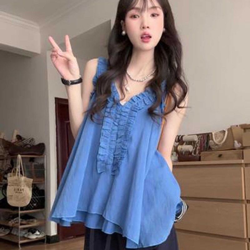 高级感蓝色v领外穿吊带背心衬衫女夏无袖宽松休闲木耳边甜美上衣
