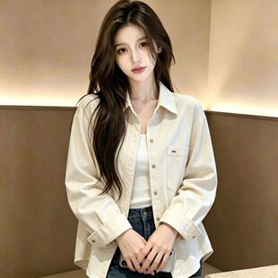 高级感杏色衬衫女休闲简约新款韩版宽松百搭叠穿薄款外套长袖上衣