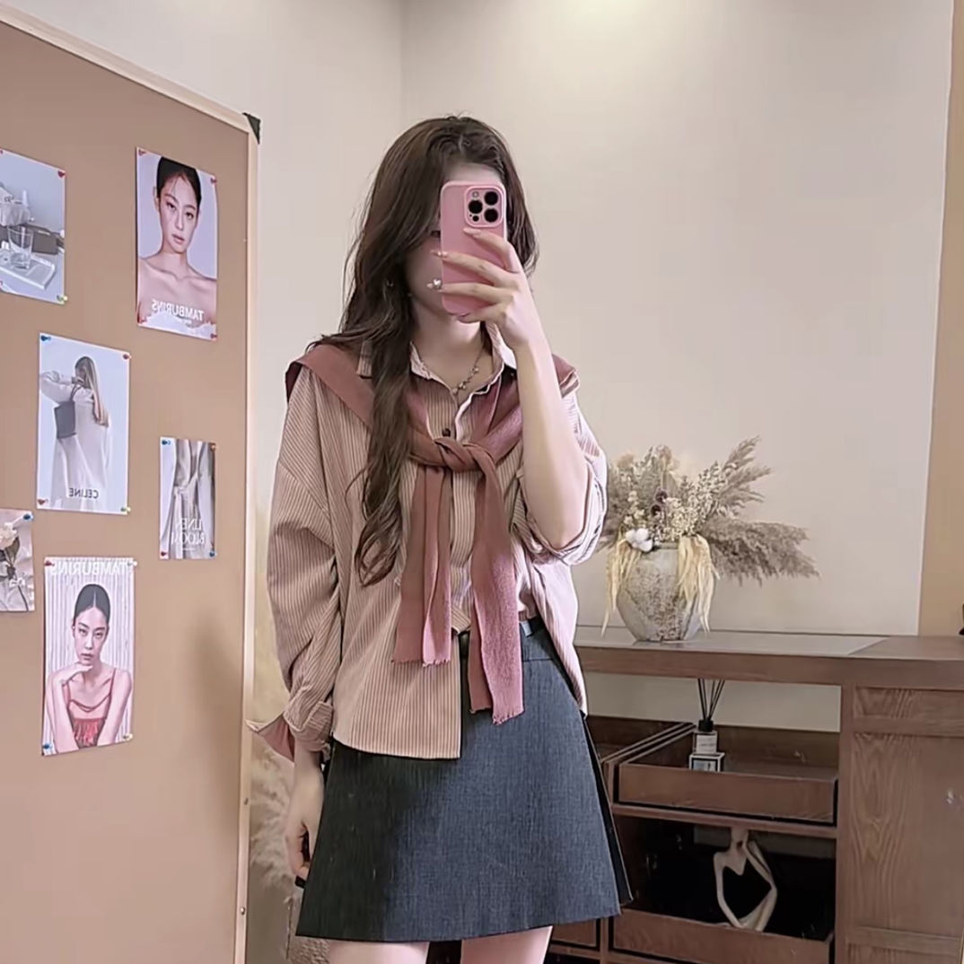 韩系条纹披肩长袖衬衫两件套女2025秋季新款宽松显瘦减龄百搭上衣