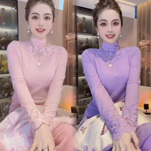 衬衣 气质蕾丝拼接半高领减龄欧洲站女人味轻熟风打底衫 时尚 新款