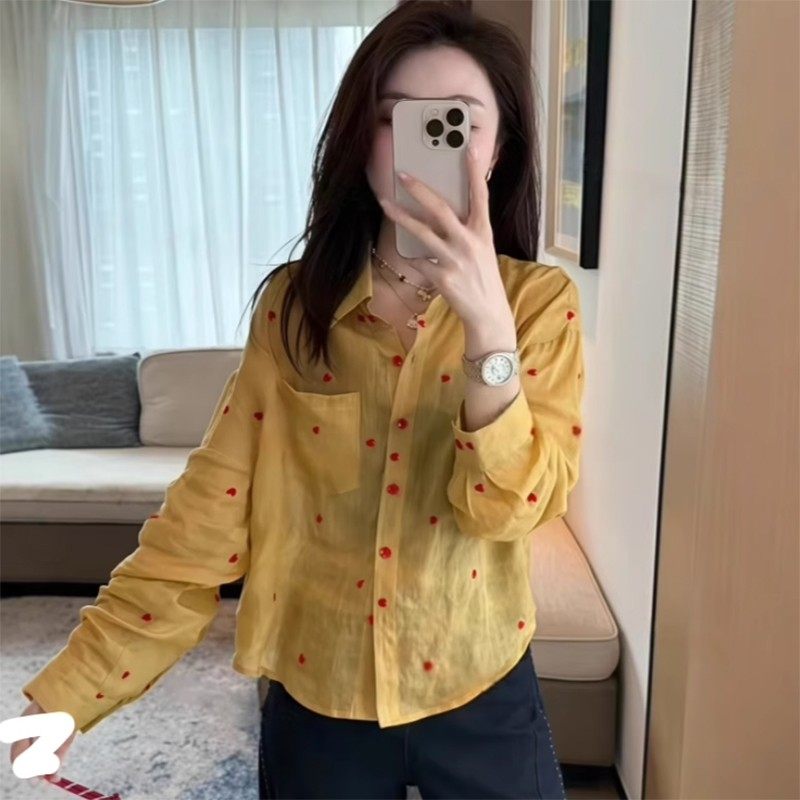 爱心印花长袖衬衫女夏季2025新款洋气减龄雪纺上衣大码宽松防晒衣,女装/女士精品,衬衫,淘宝优惠券,粉丝福利购,淘宝优惠卷
