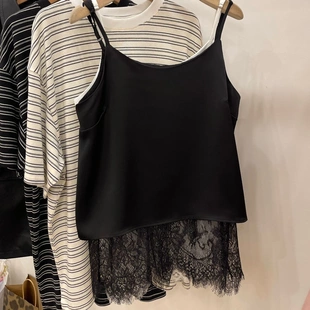 【里外两穿】纯欲天花板黑白百搭法式缎面蕾丝吊带衫女背心内搭