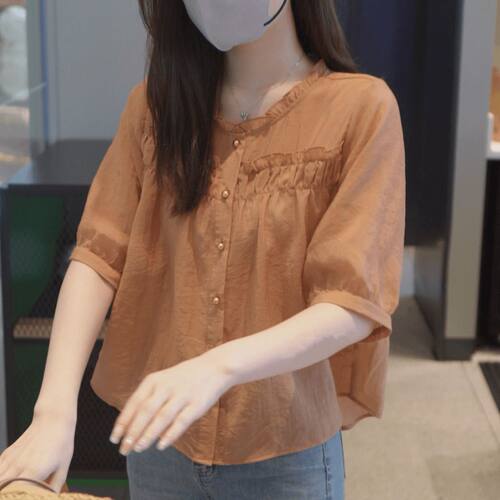 法式高级感木耳边拼接短袖衬衫女2025夏季新款宽松百搭爆款上衣潮