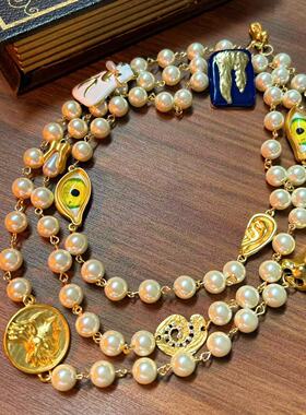 vintage中古vintage项链毛衣链长款眼睛珐琅珍珠感宫廷优雅度假