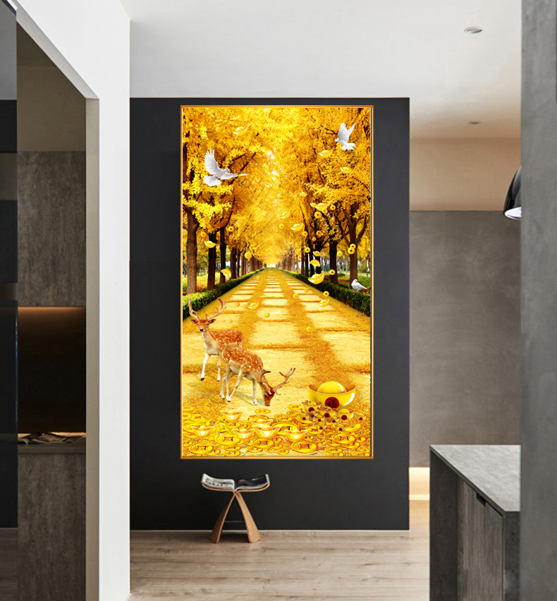 麋鹿带玻璃装饰画入户单副竖高档挂画玄关旺财运风水画高级晶瓷画图片