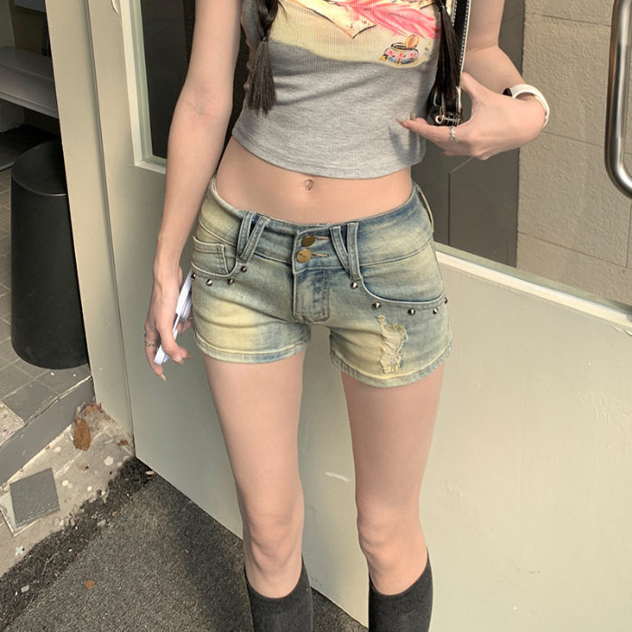 美式复古牛仔超短裤女夏季薄款低腰辣妹修身百搭显瘦直筒热裤子潮