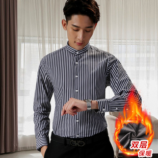 冬季黑色条纹立领衬衫男长袖纯棉加绒款无领小圆领中山装男士寸衣