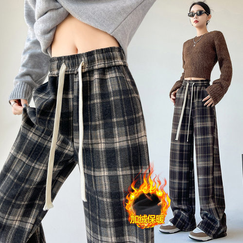 Plaid Fleece Lined Pants Women Winter High Waist  Wide Leg