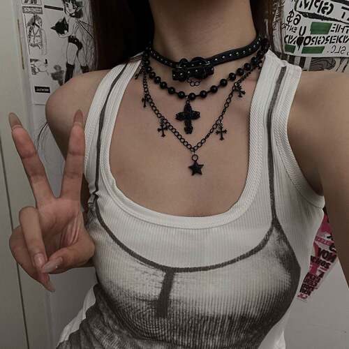 Gothic Cross Layered Necklace Dainty Statement Jewelry