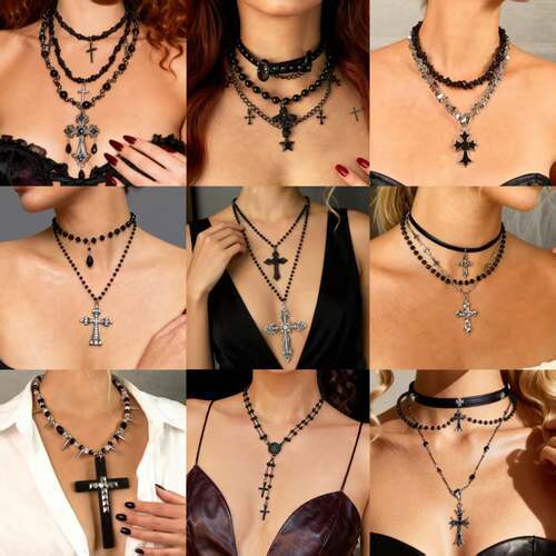 Gothic Cross Layered Necklace Dainty Statement Jewelry