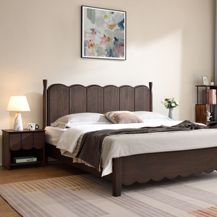 中古风全实木床黑胡桃木1米8主卧法式复古小户型波浪形床头原木