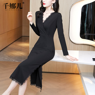 黑色长裙连衣裙春装2025新款女长袖V领修身显瘦气质过膝包臀裙子