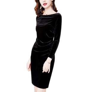 千娜儿金丝绒连衣裙2026新款女春装黑色一字领长袖收腰显瘦一步裙