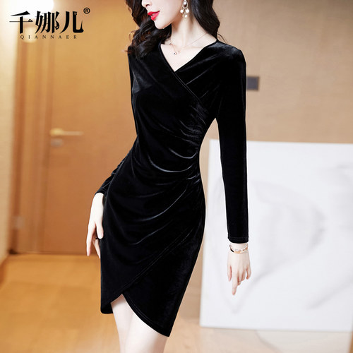 千娜儿金丝绒连衣裙淑女简约