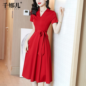 红色长裙连衣裙女夏天2026新款短袖高端修身显瘦气质a字大摆裙子