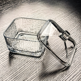 水晶玻璃碟容器方形碗带盖咸菜器皿糖果小果盘水果盘零食罐收纳盒