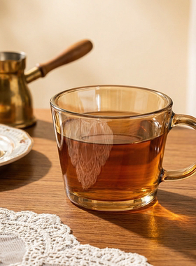 水晶玻璃杯水杯茶杯茶色马克咖啡杯子带把手金色加厚耐高温琥珀色