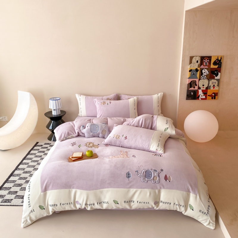 卡通风秋冬牛奶绒四件套可爱小象刺绣被套防静电保暖加厚床上用品