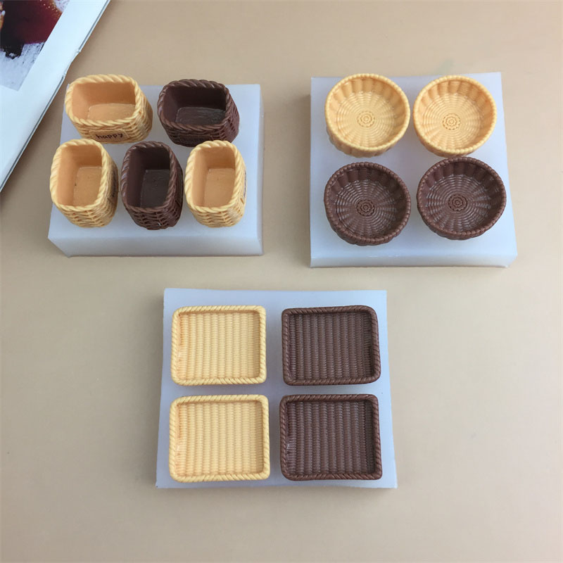 立体仿真竹筐编织筐面包筐方形托盘diy硅胶模具翻糖巧克力摆件装