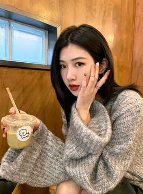 鲸鱼和玖 灰色毛衣设计感女小众2025年新款秋冬宽松可外穿慵懒风