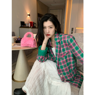 新款 外套女2025年秋装 宽松设计感小众西服 绿色格子西装 鲸鱼和玖