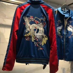 春秋宿风复古仙鹤刺绣棒球服双面穿情侣装绸缎夹克外套上衣女特价
