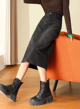 2024新款女装开叉包臀中裙黑色垂感显瘦半身裙春秋季百搭南油高品