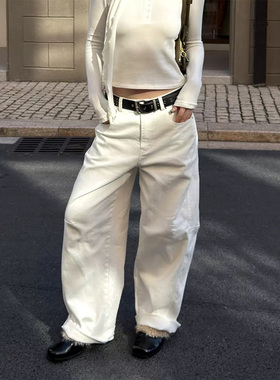 ARAR01时髦街头纯色磨毛洗水百搭直筒宽松显瘦阔腿牛仔裤