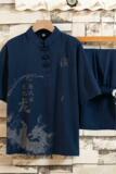 风套装男汉服印花短袖T恤男夏季唐装中裤居士禅服男HP45，男装民族服装，星座1010A-2