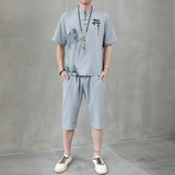 夏季新款男士唐装t恤禅服冰丝套装中裤风短袖衣服男H1689P45，男装休闲套装，星座1010A-2