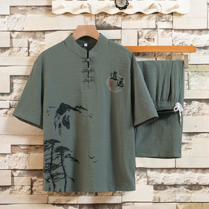 H1687P45夏季冰丝短袖t恤夏装新款休闲风印花套装唐装汉服男图片