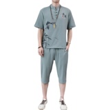 H1687P45夏季冰丝短袖男唐装套装男风汉服两件套中裤工作服，男装民族服装，星座1010A-2