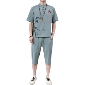 H1687P45夏季冰丝短袖男唐装套装男风汉服两件套中裤工作服图片