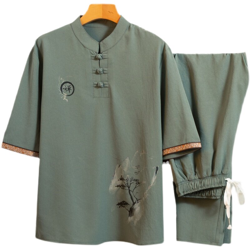 短袖男唐装套装养生馆理疗傅工作服足浴男技师工装服装T104P48,男装民族服装,星座1010A-2