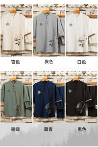 T104P48男士盘扣汉服复古风潮牌古装唐装T恤男夏季风休闲套装图片