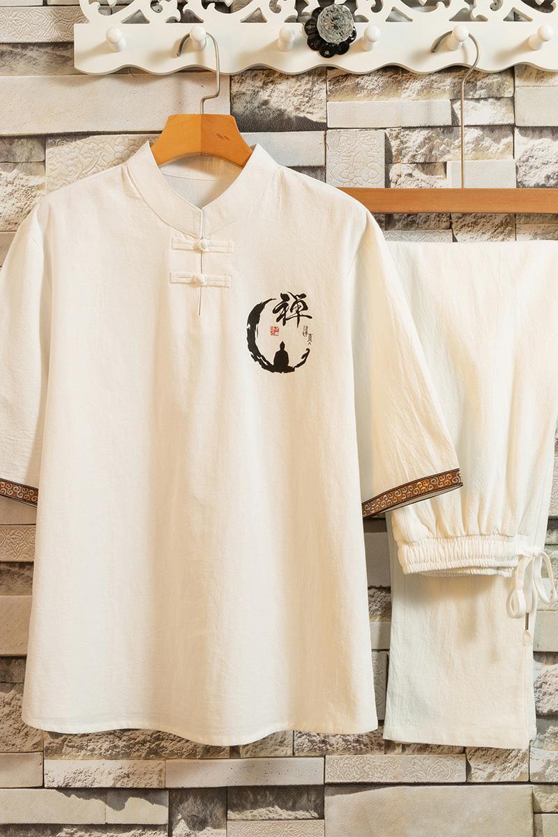康复理疗师中式艾灸推拿纯棉短袖唐装潮套装夏天工作服T101P48,男装休闲套装,星座1010A-2