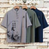 风套装男汉服印花短袖T恤男夏季唐装中裤居士禅服男HP45，男装民族服装，星座1010A-2